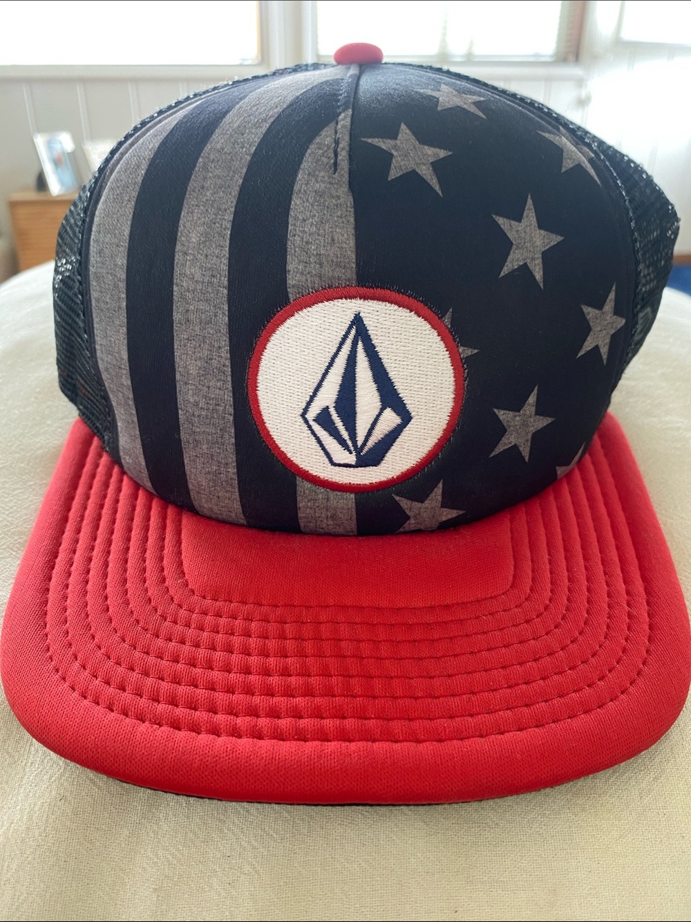 Volcom NewEra Red Brim Trucker Hat with black  & Gray Flag Print